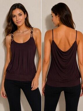 ❤️ M USA VINTAGE Y2K BEADED DRAPED BACK STRETCH TANK TOP IN EGGPLANT, MEDIUM